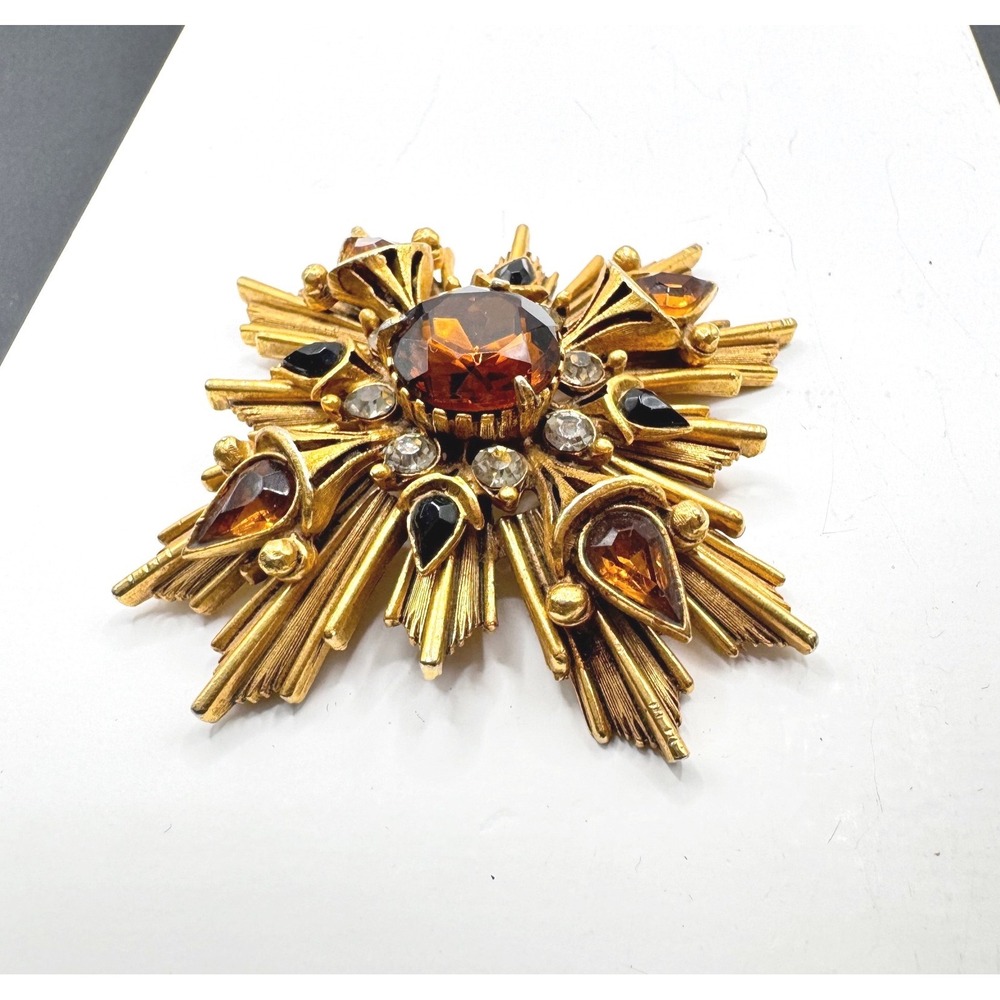 Florenza tiered metalwork ,Amber Rhinestone cabochon, Maltese Cross Pendent 60s